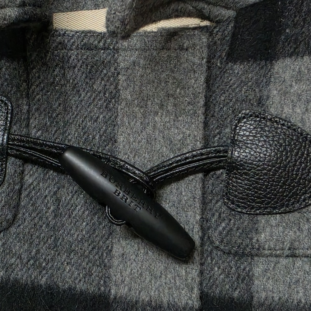 Burberry‎ Brit Gray Plaid Wool Duffle Coat Blue Fox Fur Hood Womens US 10 IT 44 - Picture 3 of 16